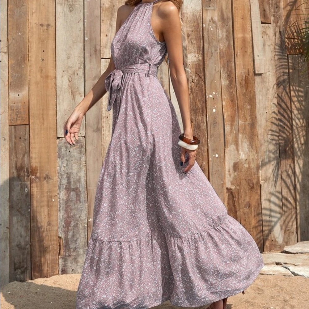 Boho floral print halter maxi dress- DUSTY PINK - Picture 4 of 8